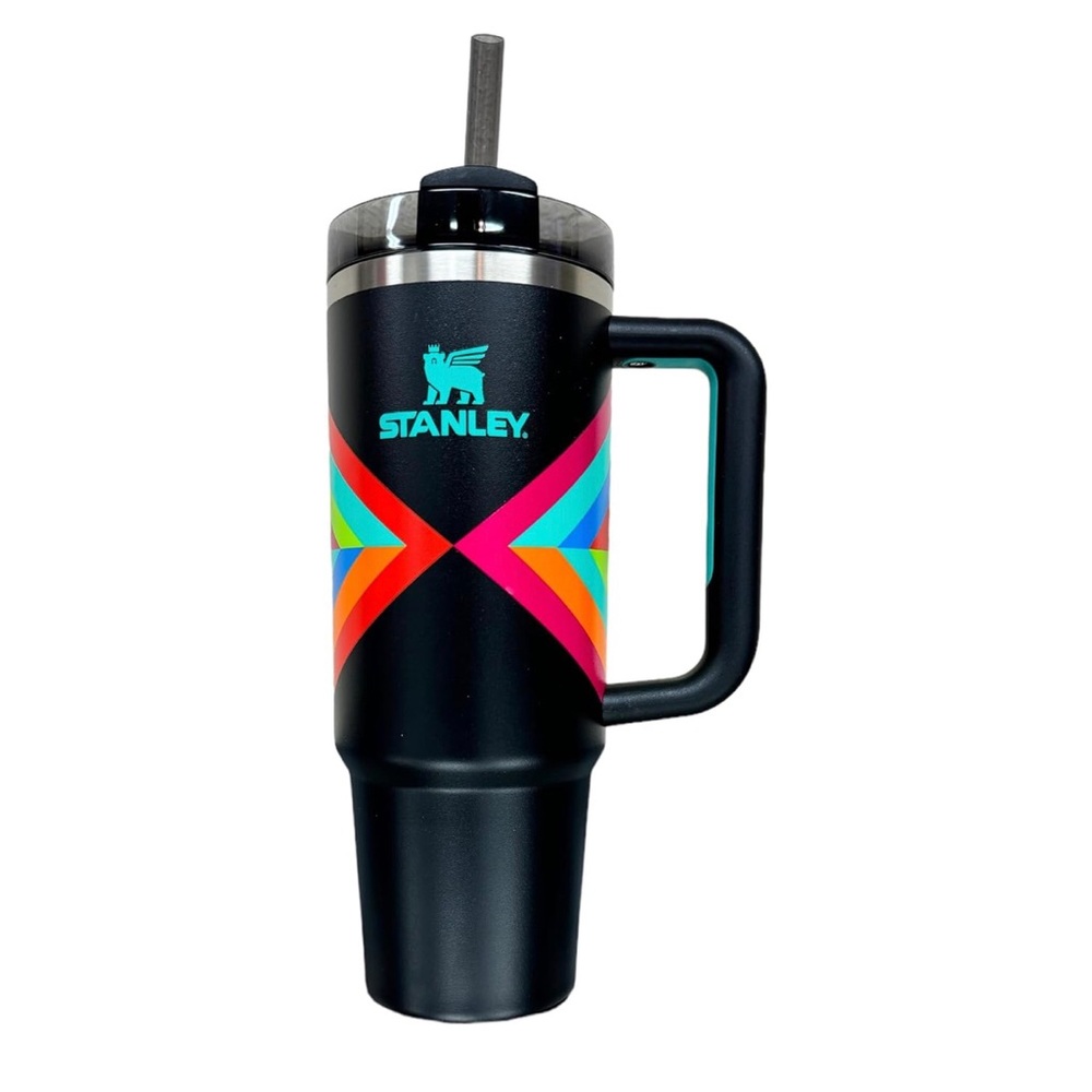 Stanley Neon Stripes & Black 40oz Flowstate Quencher H2.0 Tumbler Cup NWT